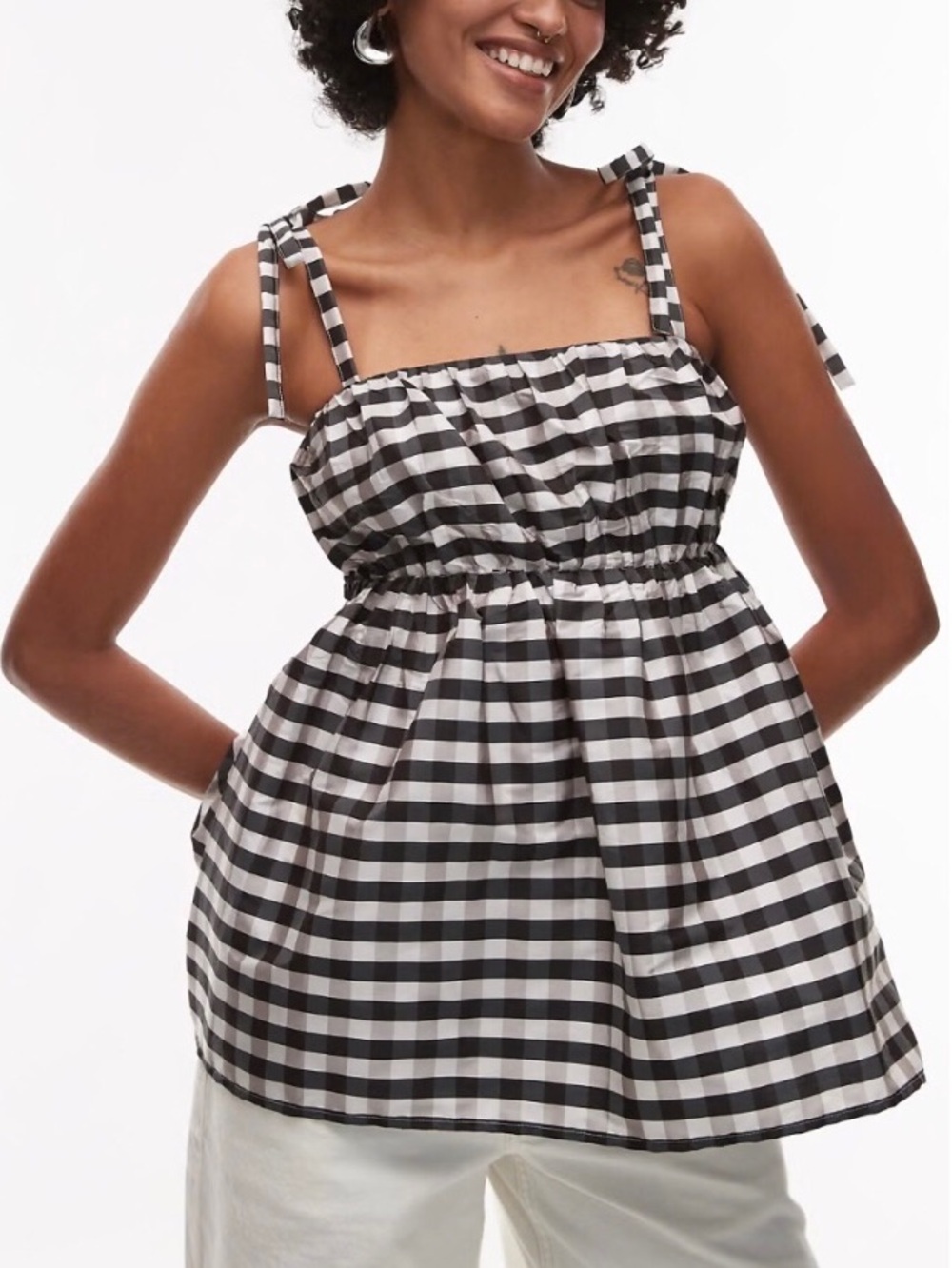 Topshop Womens  Tafetta Babydoll Top In Mono Gingham Size 4